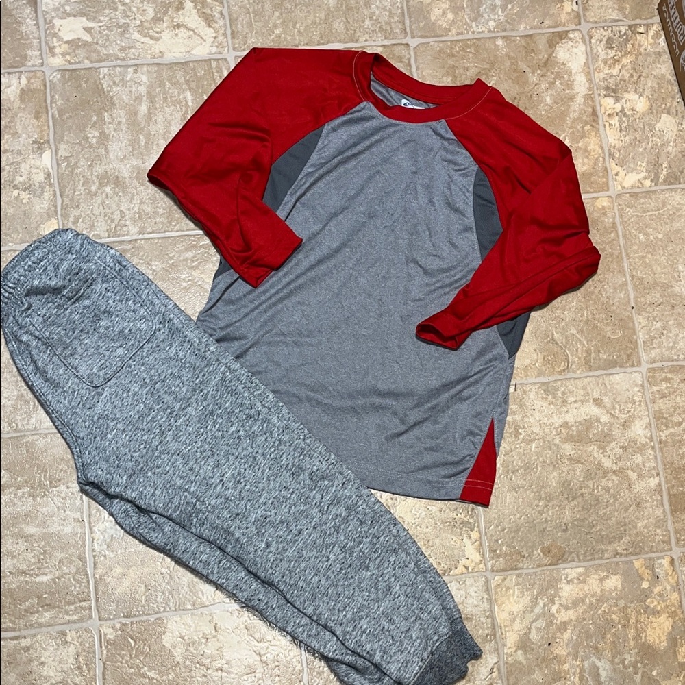 Red and Gray Raglan Shirt with Gray Sweatpants